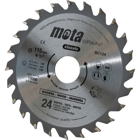 Disco de tungsteno con insertos de widia para sierra y corte madera Ø115mm de 24 dientes (1/2)