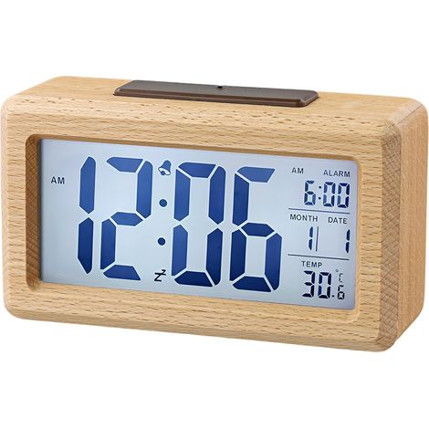 Digitaler Wecker, helles Holzdesign, großes LCD-Display, geräuschlos, individuell einstellbarer Alarm mit Schlummerfunktion, Temperaturanzeige, Datumsanzeige, automatische Lichterkennung (Betrieb mit (1/5)