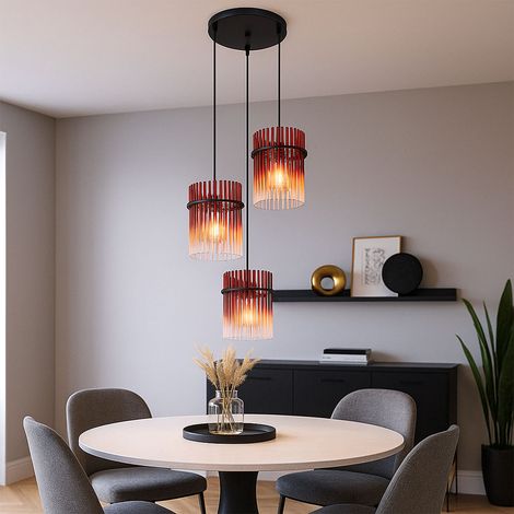 LED Pendellampe Esstisch Wohnzimmerleuchte Hängeleuchte Glas schwarz rot, Glasstäbe, Metall, 3x 7W 630lm warmweiß, DxH 47x140 cm