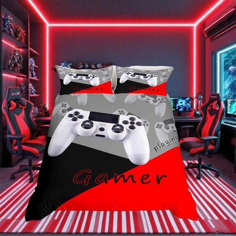 3 pièces avec Housse de Couette de Jeu vidéo Blanche pour Garons et Filles Manette de Jeu Moderne Rouge/Noir/Gris Super King (1/5)