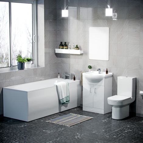 Sarn Bathroom Basin Vanity Unit, Toilet and Bath Suite White (1/5)