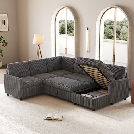 Divano letto angolare a U 274/220/85 cm grigio in velluto a coste con contenitore e funzione letto (1/5)