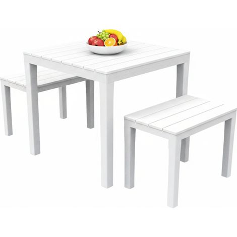 Dmora - Set salotto da esterno Alambico, Composizione da giardino con 1 tavolo quadrato e 2 panche, Salottino indoor e outdoor da Pic Nic, 100% Made in Italy, Bianco