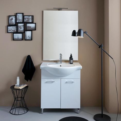 Kiamami Valentina – Meuble sous vasque simple 75 cm – Effet bois gris – Lavabo céramique blanche – Hauteur 190 cm – Compartiment à 2 portes (1/5)