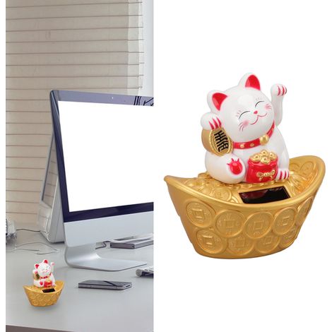 Chat Maneki Neko Solar MLY23028 Fortune Cat Statue Blanche Botte de Bonheur (1/5)