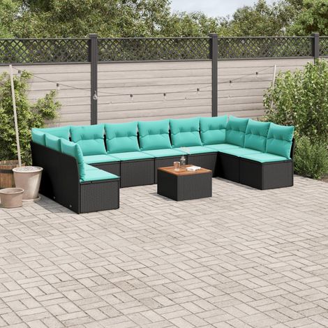 Salon de jardin modulable 11 pièces en résine tressée noire avec coussins bleus, 86kg - PANGIVO (1/5)