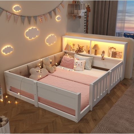 Cama infantil con barandillas 140 x 200 cm y cabecero con almacenaje LED, blanca (1/5)