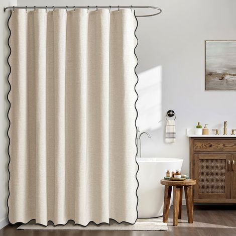 Rideau de douche en lin texturé, 180 x 200 cm, beige, rideau de douche en tissu lavable résistant à la moisissure avec crochets. (1/5)