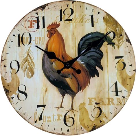 Rustic 10-inch (25cm) Rooster Kitchen Wall Clock - Silent, No Ticking - Round Quartz Movement