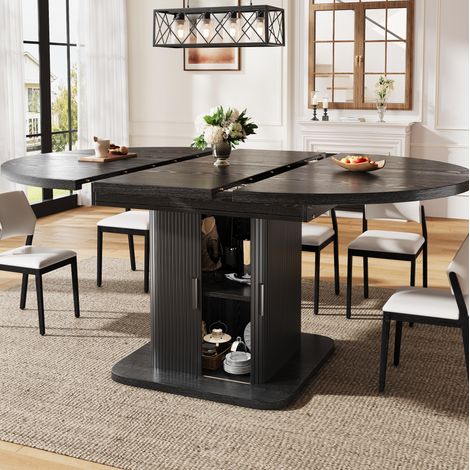 Mesa extensible ovalada con almacenaje 110–149,8 x 110 x 75 cm, MDF y metal, negro DESVIAE (1/5)