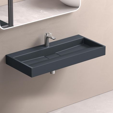 doporro Lavabo da Appoggio Bagno Sospeso Lavandino Rettangolare in Marmoresina con Piletta di Scarico Inclusa Colossum19, 100x46x11 cm Antracite Opaco Monoforo