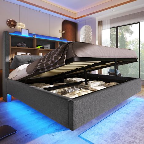 Lit coffre 140x200 cm, lit adulte avec LED, hydraulique, tête de lit rangement et ports USB/Type-C, sans matelas, lin gris (1/5)