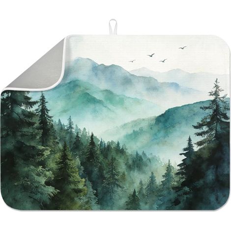 Forest Mountain Tapis de séchage à vaisselle 45 x 60 cm pour vaisselle aquarelle forêt brumeuse Tapis de séchage absorbant en microfibre pour arbres et oiseaux pour table, comptoir, évier, bar (1/5)