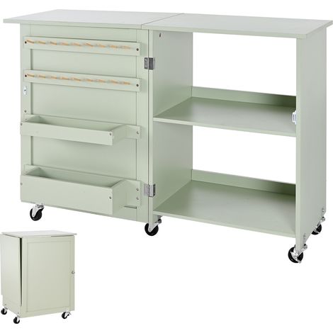 Mophorn Table de couture pliante, meuble polyvalent pour machine à coudre, roulettes pratiques, chevilles en bois, espaces de rangement, étagère intégrée et fermeture magnétique, vert clair (1/5)