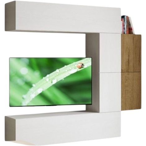 Meuble TV modulable suspendu blanc et naturel Kina L 214cm - 6 pièces (1/4)