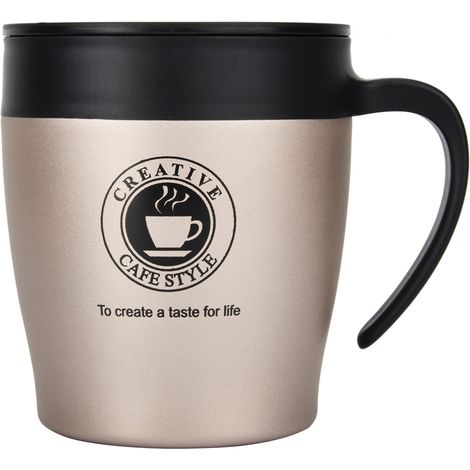 Tasse à café/eau isotherme en acier inoxydable avec cuillère et couvercle pour le bureau et les voyages (dorée) (1/5)