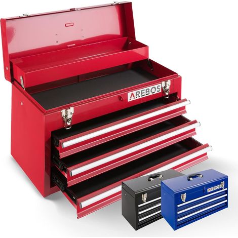 Arebos – Mallette à outils avec 3 tiroirs 45x19x4cm – Compartiment rabattable 50x20,5x6cm – Acier revêtu – Tiroirs sur roulements à billes