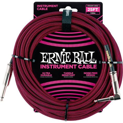 Ernie Ball, Cavo intrecciato per strumenti, dritto/angolato, 7,62 m, nero/rosso (1/4)
