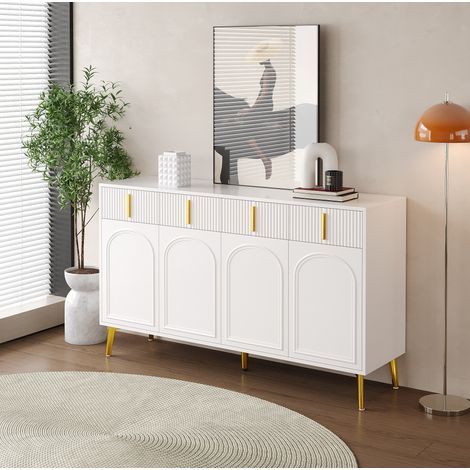Credenza bianca da soggiorno con 4 ante e 4 cassetti, gambe e maniglie dorate, ripiano interno rimovibile, per soggiorno e sala da pranzo (1/5)