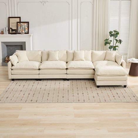 Canapé nuage 4 places 380 × 75 × 84 cm, canapé modulable de salon, double coussin d’assise, chenille respirante, sans pouf, beige (1/4)