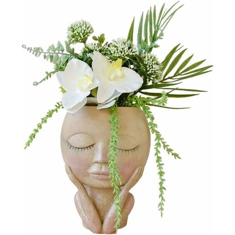 Visage Pot de Fleur, Pot de Planteur Succulent Résine Pot de Fleur Créatif Vase de Tête Humain avec Trou de Drainage(Closed Eyes) (1/5)
