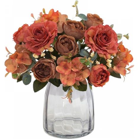 Bouquet de 2 fleurs artificielles : pivoines en soie, hortensias, camélias en plastique, composition florale réaliste et éclatante.-AquaForge (1/5)