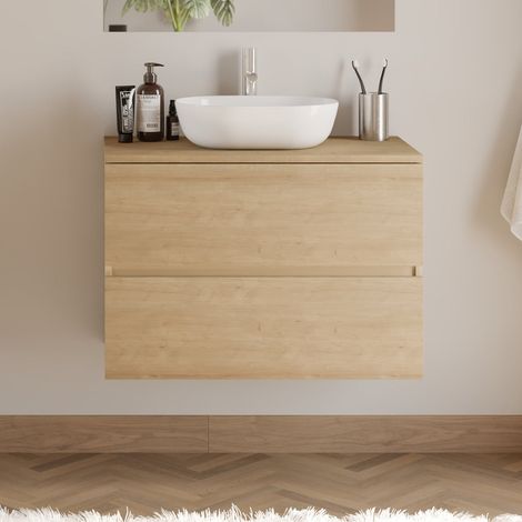 Meuble de salle de bain 70cm avec plateau et vasque à poser arrondie - 2 tiroirs - sans miroir - nebraska (chêne clair) - IDA (1/5)