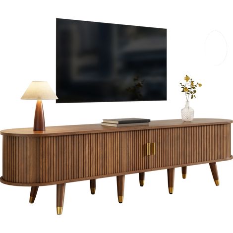 Meuble TV 175 cm Porte Coulissante en Rotin Meuble Télé Effet Noyer avec Tiroirs Rangement Salon Style Campagne (1/5)