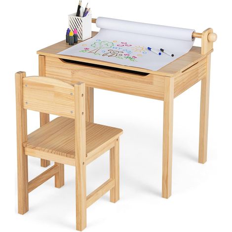 Goplus – Table enfant multifonctionnelle avec rouleau de papier – Espace de rangement sous plateau – Bois de pin naturel – 3 ans et plus
