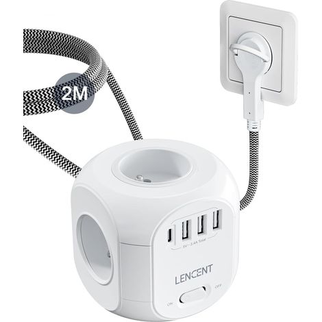 Cube Rallonge Électrique Multiprise 2M, Fiche Plate 4 Prises 3 USB-A,1 USB-C Câble Tressé 2m, Protection Contre Les Surtensions avec Interrupteur pour Cuisine, Bureau (1/5)