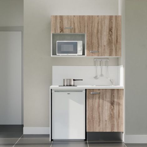 Kitchenette K07 Bois - Plan de travail Blanc - Crédence : Oui - Evier Inox