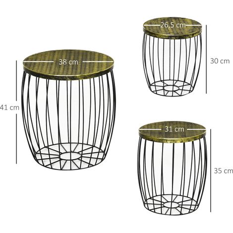 Tables d'appoint, lot de 3, style rétro, panier en métal, naturel et noir, 3 tailles