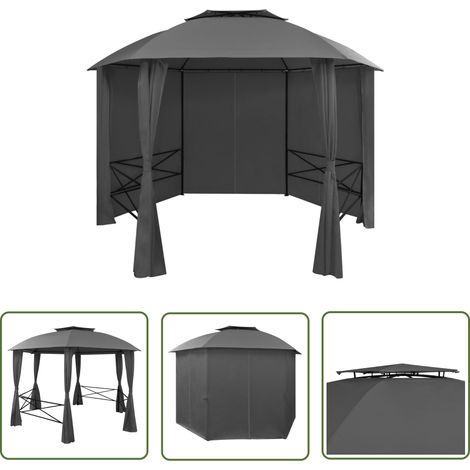 The Living Store Gartenpavillon mit Vorhängen Sechseckig 360x265 cm - Gartenpavillon - Partyzelt - Outdoor Möbel - Sommerhaus - Terrasse (1/5)