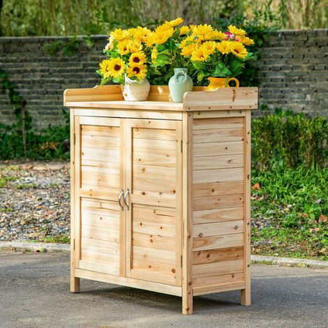 Outsunny Gartenhaus/Geräteschrank, freistehend, mit Doppeltüren und Einlegeboden, massives, vorgeöltes Tannenholz, Maße: 83 x 40 x 92 cm (L x B x H), Natur