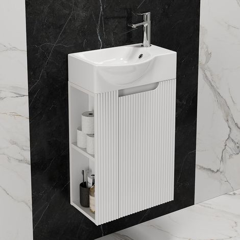 HOROW Meuble vasque 40 cm Blanc brillant avec vasque en céramique – Meuble de salle de bains suspendu avec rangement (1/5)