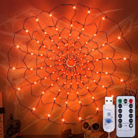ROSNEK Guirlande lumineuse toile d’araignée Halloween 120 cm 70 LED, USB 5 V, télécommande 8 modes minuterie, orange (1/5)