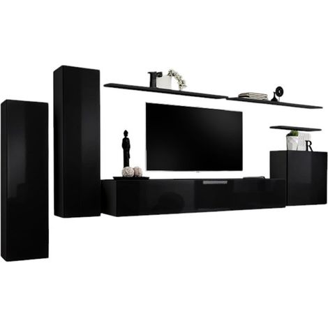 Set di mobili da soggiorno SWITCH I – Design moderno – Nero lucido – Mobile TV e contenitori sospesi