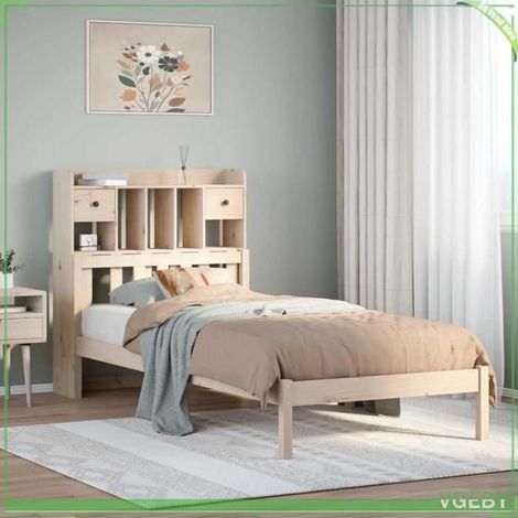 Lit bibliothèque - Modèle 3322327 - 90 x 190 cm - Bois de pin massif - Tête de lit avec rangements (1/5)