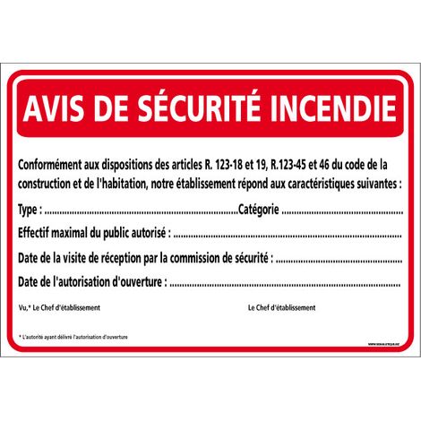 Avis de sécurité incendie (A0556) - Adhésif - 210 x 150 mm