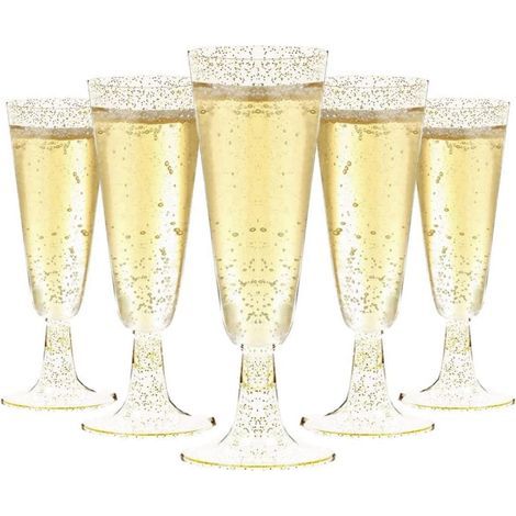 50 Pièces Flûtes à Champagne Scintillantes D'or, 150ml Verres en Plastique Gobelets à Vin Réutilisables à Tige pour Fêtes De Douche D'anniversaire Mariage Jardin (5,5 x 16,5cm) (1/5)