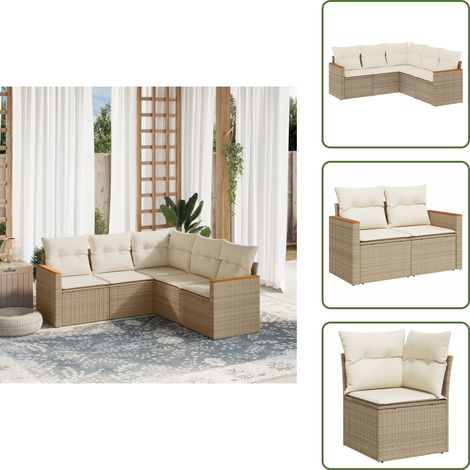 5-tlg. Garten-Sofagarnitur mit Kissen Beige Poly Rattan - Gartensofas - Outdoor-Möbel - Lounge Set - Gartenmöbelset - Rattanmöbel (1/5)