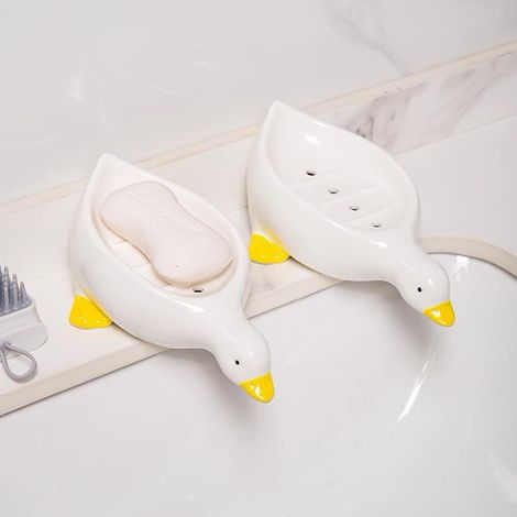 Portasapone in ceramica a forma di anatra, con sistema di drenaggio automatico, ideale per doccia, bagno, vasca da bagno, cucina, lavandino. Vassoio in ceramica. (1/5)