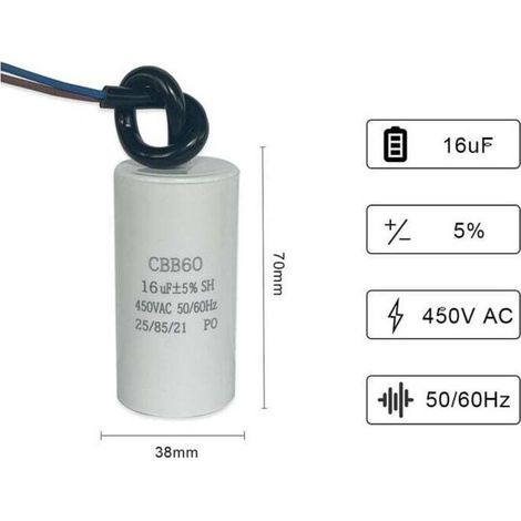 Condensateur CBB60 16uF 450V 50/60Hz – Démarrage moteur électrique – Faibles pertes – Installation facile pour compresseurs et pompes (1/3)