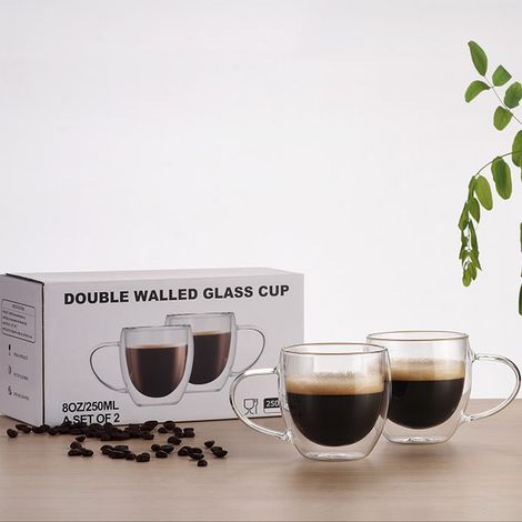 doppelwandige Glasbecher, transparente Tassen für Kaffee, Milch und Fruchtsaft, 74 mm hoch, 85 mm Öffnungsdurchmesser, 50 mm Bodendurchmesser, 200 ml (1/5)
