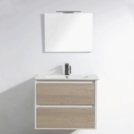 Rue Du Bain – Ensemble meuble salle de bain suspendu 80 cm – Vasque céramique blanche avec trop plein – Miroir LED 80x80 cm – Tiroirs soft close (1/4)