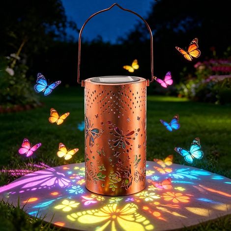 Lanterne solaire pour l'extérieur - Papillon coloré - Lampe solaire en métal - Décoration de jardin pour balcon, cour, terrasse, cadeau pour femme, maman, étanche IP65 - Lumière papillon (1/5)
