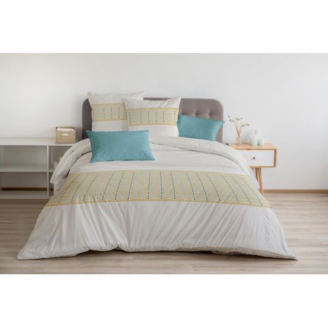 Housse de Couette - 3 Pièces 100% Coton - 57 Fils 2 Personnes - 240 x 260 cm NAT Ivoire ET Miel (1/5)