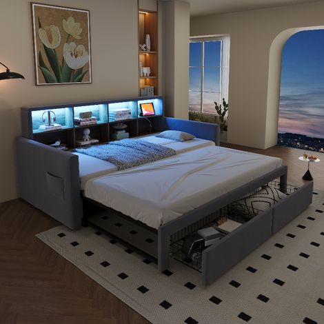 Ausziehbares Schlafsofa 90x190 auf 180x190 cm mit Stauraum, Polsterbett mit LED-Beleuchtung, USB-Anschluss und Schubladen, Samt Hellgrau (1/5)
