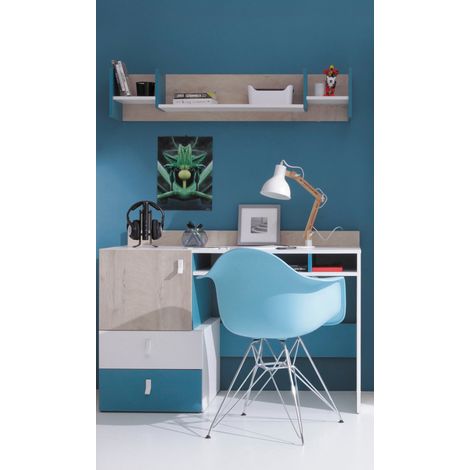 Jugendzimmer Set 2-teilig PITTSBURGH-133 mit Schreibtisch in weiß mit Eiche und blau (1/3)