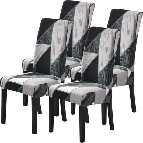 4PC Housse de Chaise de Salle à Manger Extensible Couverture de Chaise Universelle Imprimé Revêtement de Chaise Antidérapant pour Maison Hôtel Décor de Restaurant Gris